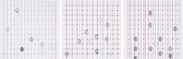 5149 - Gisela Waetge, Desenho 81, 82 83, grafite, nanquim e lápis de cor sobre papel de ficha catalográfica, 12 x 12 cm (cada), ass. dt.2012