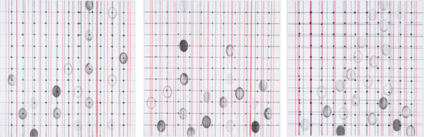 5150 - Gisela Waetge, Desenho 84, 85 86, grafite, nanquim e lápis de cor sobre papel de ficha catalográfica, 12 x 12 cm (cada), ass. dt. 2012