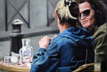 6957 - Ivan Pinheiro Machado, Duas Mulheres Conversando, acrílica e óleo sobre tela, 20 x 30 cm, ass. dt. 2017