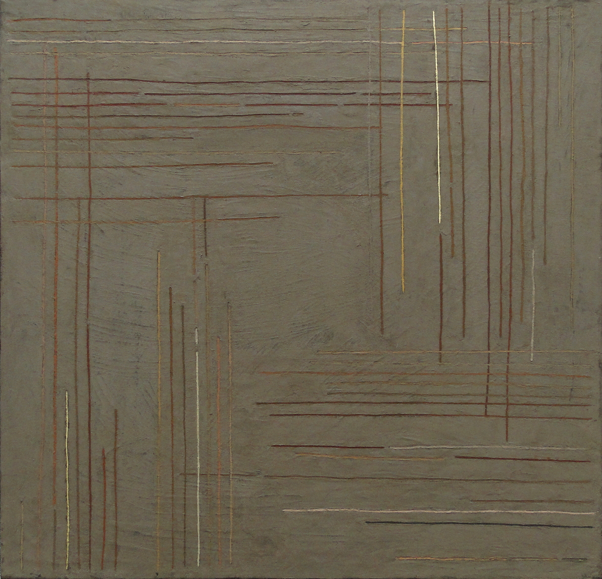 6875- Nick Rands, terra aglutinada e fio de ouro sobre tela 80 x 80 cm, ass. dt. 2015