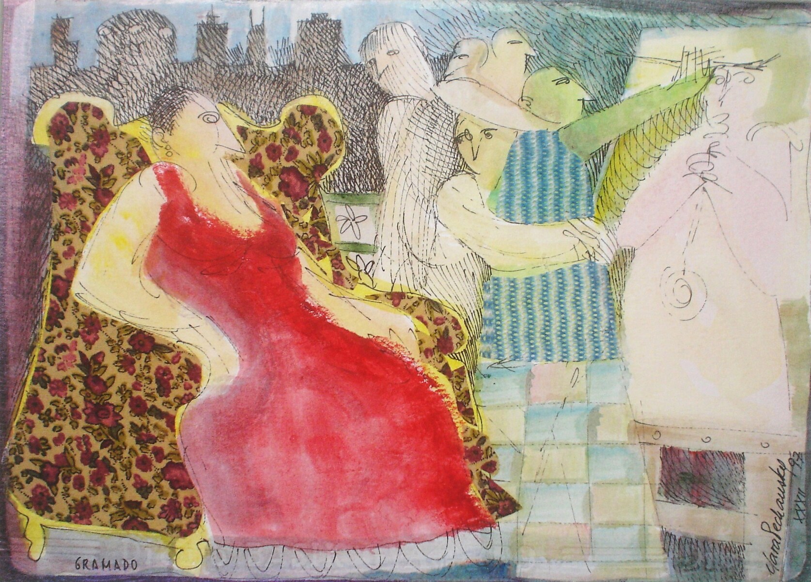3123 - Clara Pechansky, 'Gramado', desenho técnica mista 23 x 32 cm, ass. dt. 1997