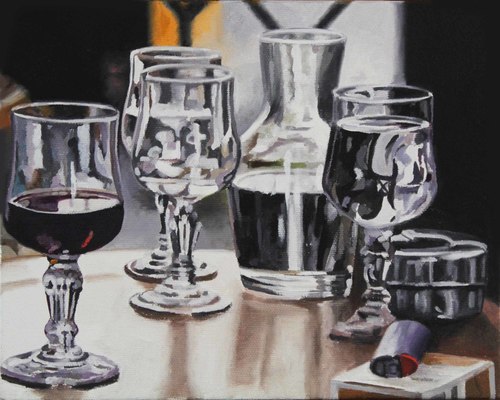 6928 - Ivan Pinheiro Machado, Vinho, Garafe e Taças, acrílica e óleo sobre tela, 20 x 25 cm, ass. dt. 2016