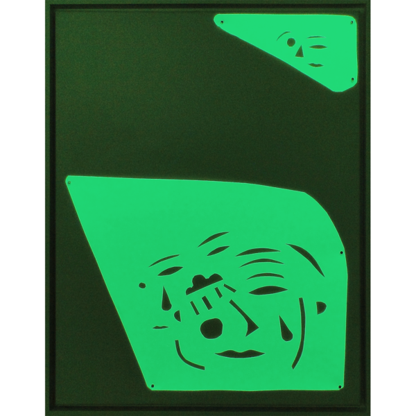 8813 - Pedro Matsuo, 47 x 37 cm, Frente - papel, aço, fita luminescente pregada sobre madeira e tela, Verso - grafite, acrílica sobre madeira e tela, ass. dt. 2024